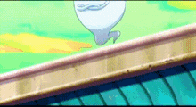 a ghost is flying over a swimming pool in a cartoon scene .