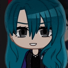 a girl with blue hair is wearing a jacket with the letter r on the front