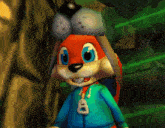 a cartoon character wearing a blue jacket with a letter b around his neck