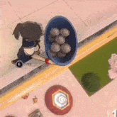 a girl is standing next to a blue bowl filled with balls in a video game .