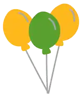 three green and yellow balloons are tied together on sticks