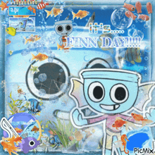 a cartoon character says it 's finn day in front of a fish tank