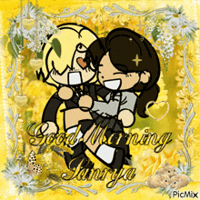 a picture of a boy carrying a girl says good morning