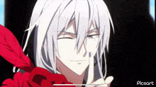 a man with long white hair is holding his finger to his lips and the word picsart is below him