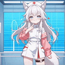 a girl with white hair and a red cross on her hat