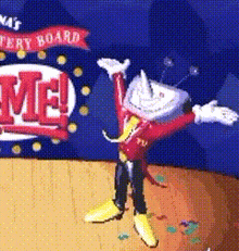 a cartoon character is standing in front of a sign that says ' lottery board '