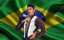 a man is standing in front of a brazilian flag with the word orden on it