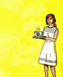 a woman in a white dress holds a cup of coffee on a yellow background