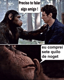 a man talking to a monkey with a speech bubble that says preciso te falar algo amigo