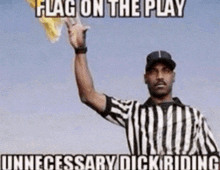 a referee holds up a flag with the caption flag on the play
