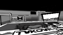 a black and white drawing of a room with a sign that says thora on it