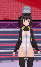 a girl with a stack of books on her head is wearing a swimsuit