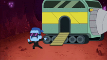 a cartoon character is standing in front of a building
