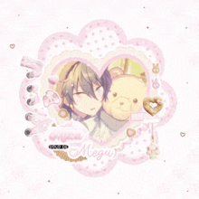 a picture of a boy with a teddy bear in a heart shaped frame with the name mira meguro