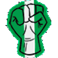 a green fist is against a white and green flag
