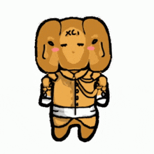 a cartoon drawing of a person with three faces and the letters xcl on their chest