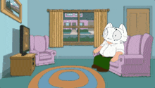 a cartoon character is sitting in a living room with a cat on his head