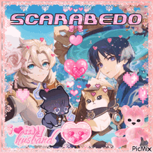 a picture of scarabedo and his husband with a cat and hearts