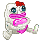 a cartoon character is holding a pink heart with a red bow on its head