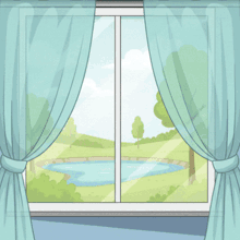 a cartoon drawing of a window with blue curtains looking out to a river
