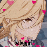 a close up of a girl with the words babygirl surrounded by hearts