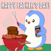a happy father 's day greeting card with a penguin grilling
