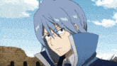 a blue haired anime character with glasses and a blue collar