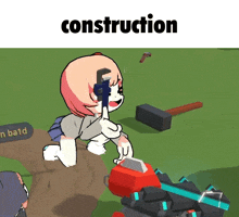 a cartoon of a girl holding a gun with the word construction underneath