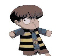 a pixelated cartoon of a boy with a striped shirt and shorts