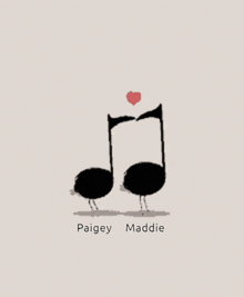 a drawing of two birds standing next to each other with the names paigey and maddie on the bottom