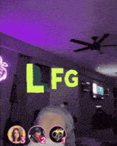 a room with a ceiling fan and the words lfg on the wall