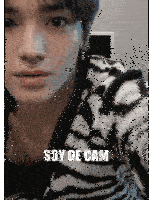 a close up of a person wearing a zebra print sweater with the words `` soy de cam '' written on it .