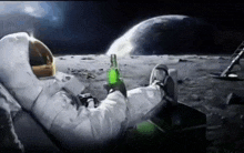 an astronaut is sitting on the moon drinking a beer .