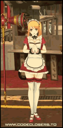 a girl in a maid outfit is standing in front of a sign that says codeclosers.to