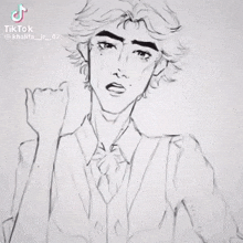 a black and white drawing of a man in a suit and tie with a surprised look on his face .