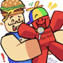 a cartoon of a man holding a robot with a lollipop and a hamburger on his head .
