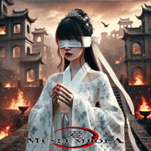 a woman with blindfolds on her eyes is standing in front of burning buildings and the word museumola