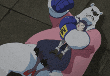 a woman is being held by a polar bear with the letter m on his arm