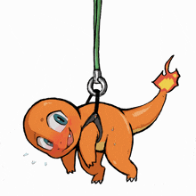 a cartoon drawing of a charmeleon hanging from a green leash