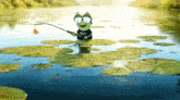 a frog is fishing in a pond while wearing a shirt that says ' i 'm a frog '