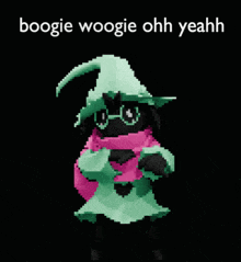 a pixel art of a cartoon character with the words boogie woogie ohh yeahh below it