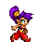a pixel art of a girl with purple hair and red pants walking .