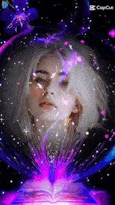 a woman 's face is surrounded by purple and blue lights and stars