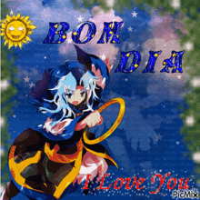 a picture of a anime girl with the words bom dia written on it