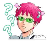 a cartoon character with pink hair and green glasses has a question mark on his head .