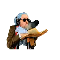 a man wearing sunglasses and headphones is reading a book with smoke coming out of his mouth