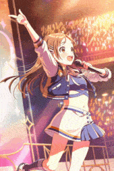 a girl is singing into a microphone and pointing up