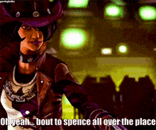 a woman in a purple cowboy hat is saying oh yeah bout to spence all over the place