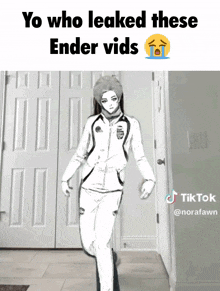 a black and white drawing of a person with a caption that says yo who leaked these ender vids