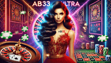 a woman in a red dress is standing in front of a roulette wheel with the ab33 logo on her chest